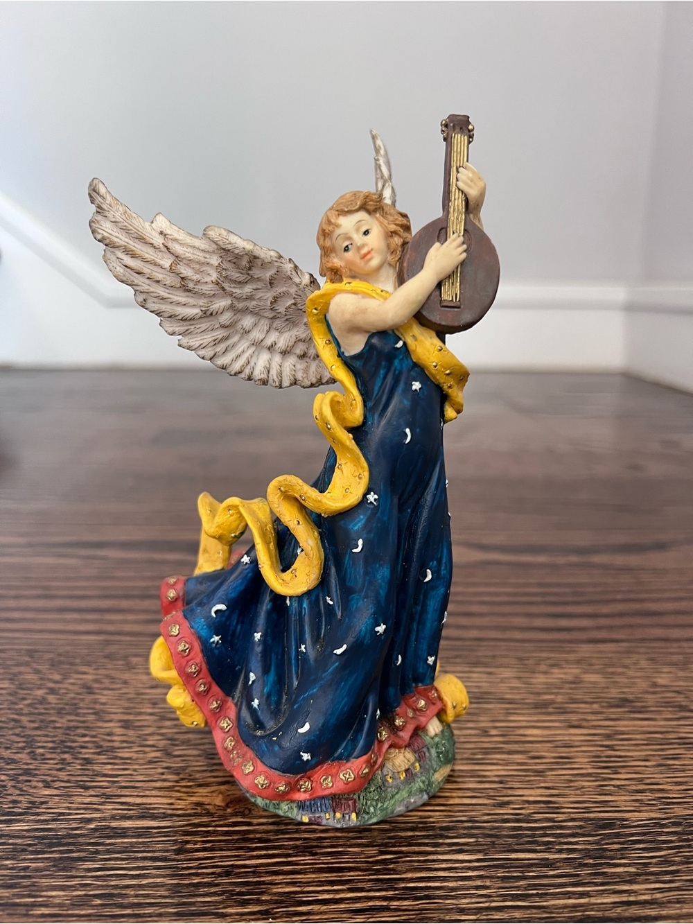 Resin Hand-Painted Blue Angel Figurine with Mandolin